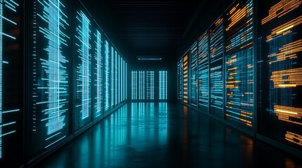 Fototapeta premium Futuristic Server Room with Glowing Digital Data Panels