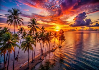 Obraz premium Palm Trees Silhouetted Against a Vibrant Sunset Sky Over Calm Ocean Water - Stunning Aerial View of Tropical Paradise