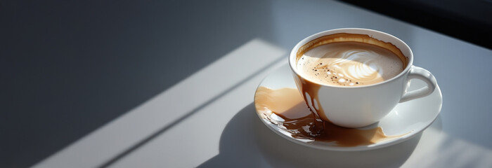 Coffee spilling from a white cup onto a saucer on a white table