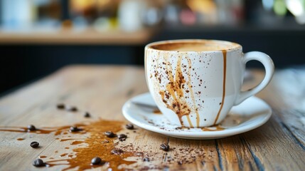Messy coffee cup spilling on table with coffee beans and cocoa powder