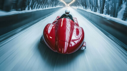 Professional bobsledder driving red bobsleigh at high speed in icy tunnel