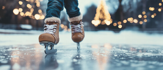 Child enjoying ice skating on christmas day in city centre ice rink