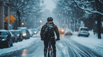 Cyclist riding bike on snowy city street in winter
