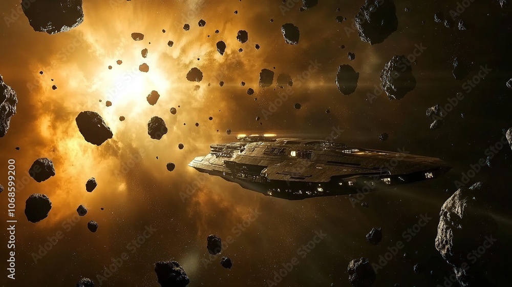 Poster spaceship navigating through asteroid field with bright sun.