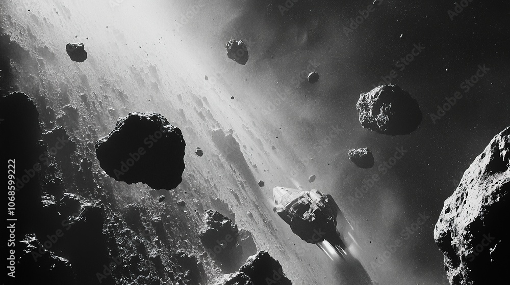 Poster spaceship navigating through asteroid field with bright sun.