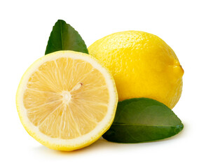 Front view of yellow lemon fruit with half slice and green leaves isolated on white background with clipping path