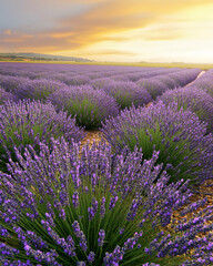 Obraz premium A vast field of lavender blooms at sunset, with rows of purple flowers stretching out toward the horizon.