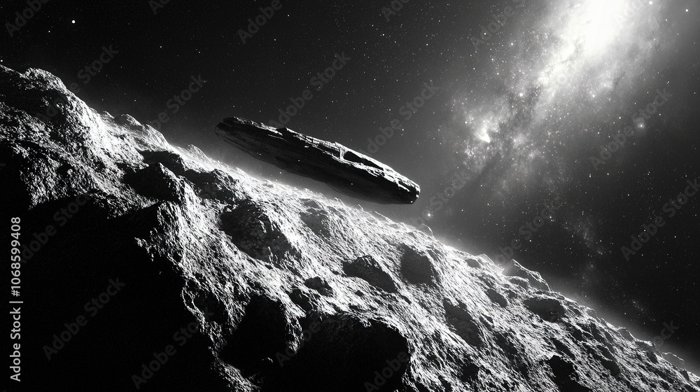 Poster spaceship navigating through asteroid field with bright sun.