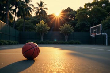 A basketball is resting peacefully on a basketball court during sunset