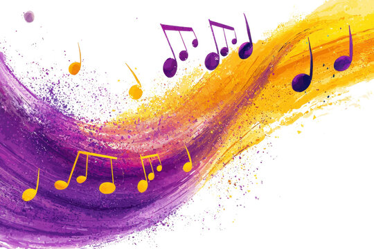 Vibrant flow of colorful music notes in motion, symbolizing rhythm and creativity against an abstract artistic background.