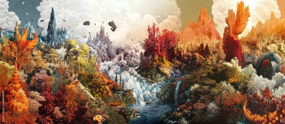 Poster a surreal landscape with a colorful mix of coral reefs and towering structures, creating a whimsical