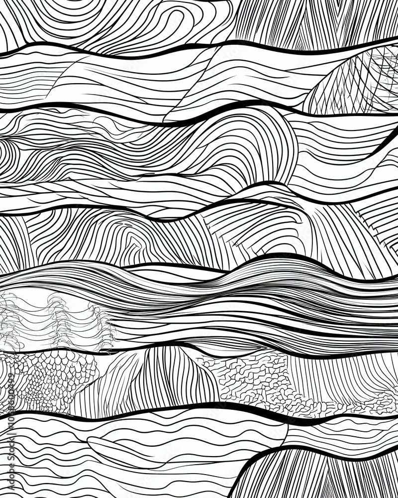 Poster abstract black and white line art pattern of undulating waves.