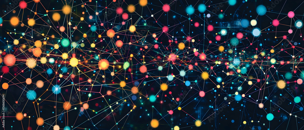 Aufkleber abstract colorful dots connected with lines on a dark background.
