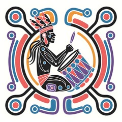 logo with a symmetrical design of an indigenous drummer playing a Bush Drum. abstract art colorful