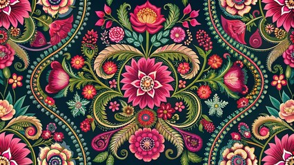 Pink Floral Ikat Pattern Seamless Paisley Embroidery with Wild Rose Motifs - Ethnic Batik Style Vector Design for Fashion and Home Decor