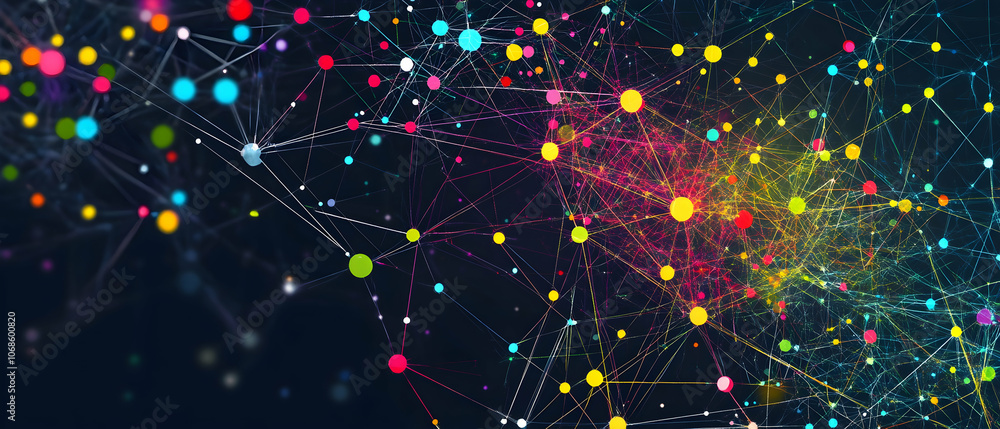 Aufkleber abstract colorful network of connected dots on dark background.