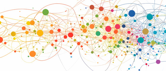 Abstract colorful network of dots and lines on a white background.