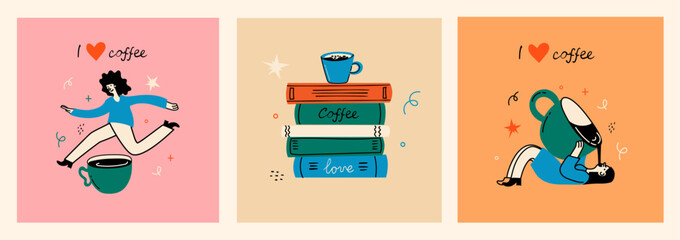 People enjoying coffee. Woman holding takeaway mugs, paper cups. Characters drinking hot morning beverages, americano, cappuccino to go, in trendy retro style.