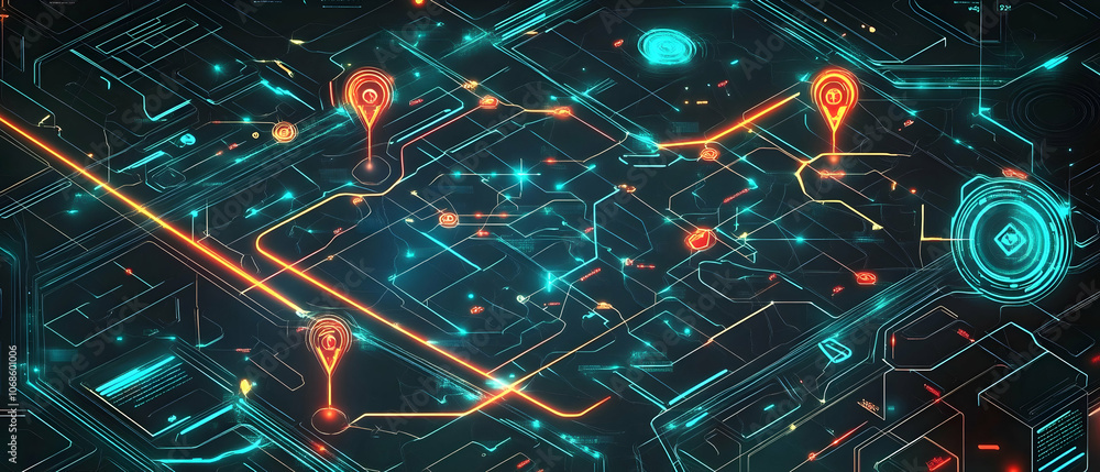 Poster abstract digital circuit board with glowing lines and markers.