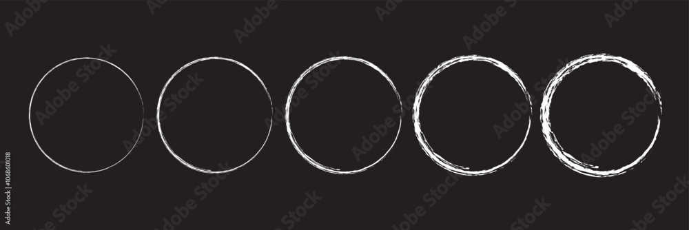 Poster hand drawn circle line sketch set isolated on black background. vector circular scribble doodle roun