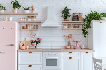 Modern Kitchen with Pastel Pink Fridge and White Cabinets