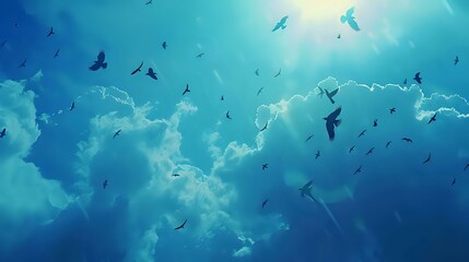 Fototapeta premium Birds Flying in a Blue Sky with Clouds
