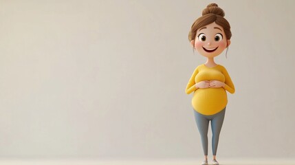 A cartoon pregnant woman in a yellow top and blue pants stands smiling against a light background.