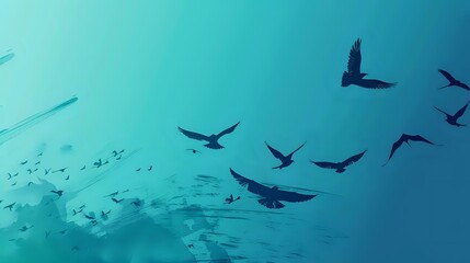 Silhouettes of Birds in Flight Against a Blue Sky