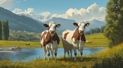 Obraz premium wo cows standing side by side on a livestock farm amidst a beautiful natural landscape.