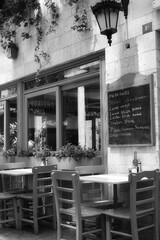 Outdoor Cafe Seating Area Black White Vintage Urban Atmosphere