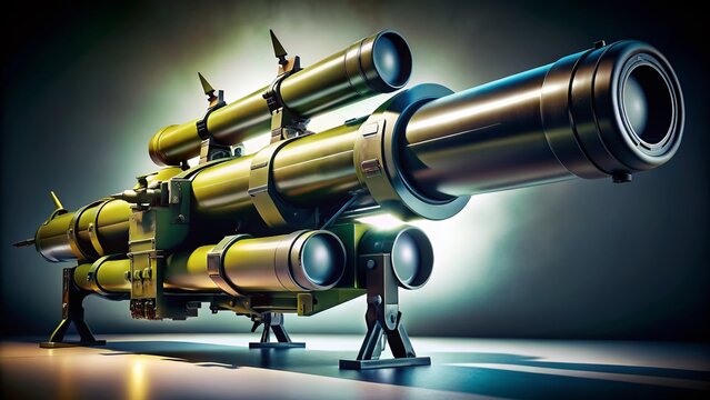 Portable Mobile MANPADS Isolated on White Background - Low Light Military Equipment Photography, Defense Technology Showcase, Anti-Aircraft Systems, Armament Display