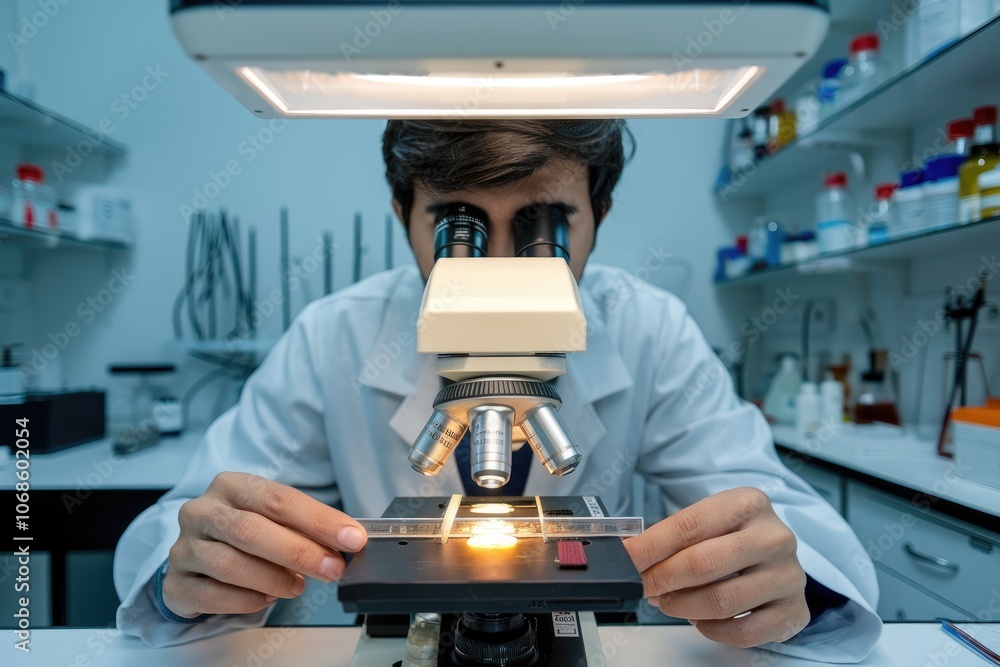 Poster Scientist analyzing sample under microscope in laboratory