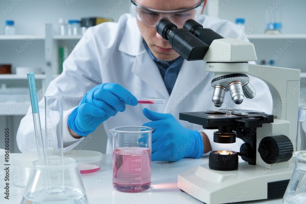 Aufkleber Scientist analyzing sample with microscope in laboratory