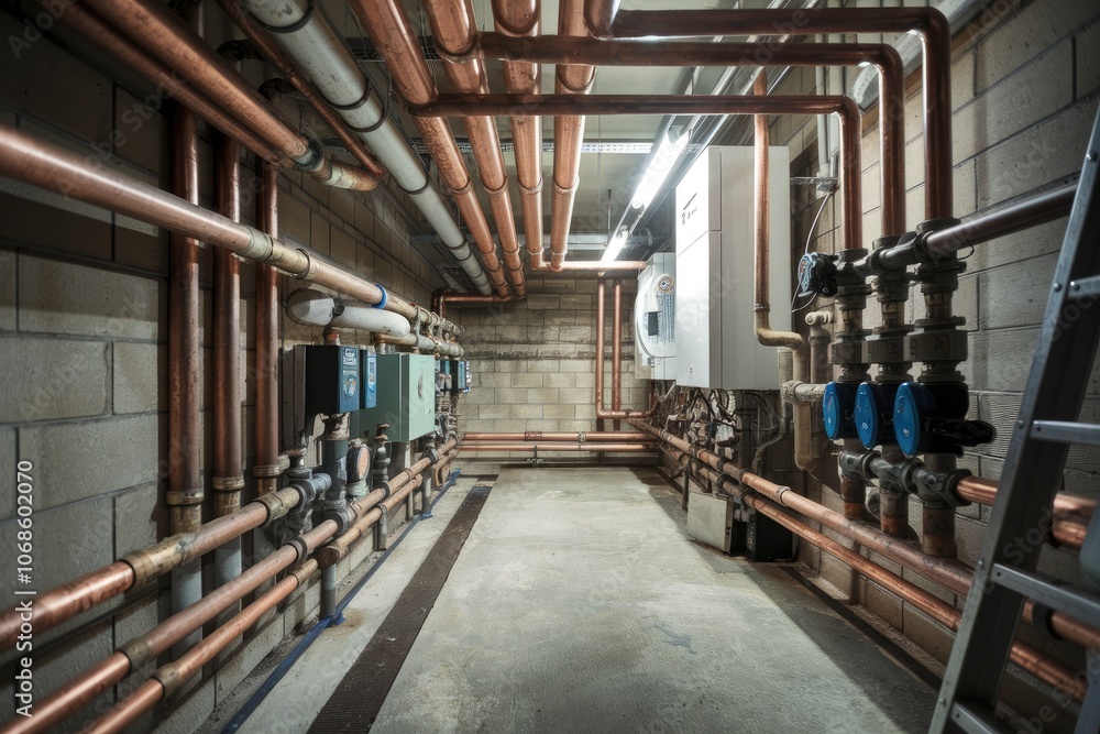 Aufkleber copper pipes and valves creating complex plumbing system in building basement