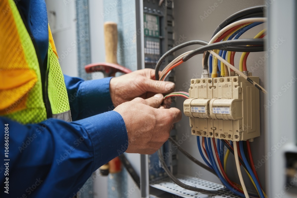 Poster Electrician connecting wires to circuit breakers in fuse box
