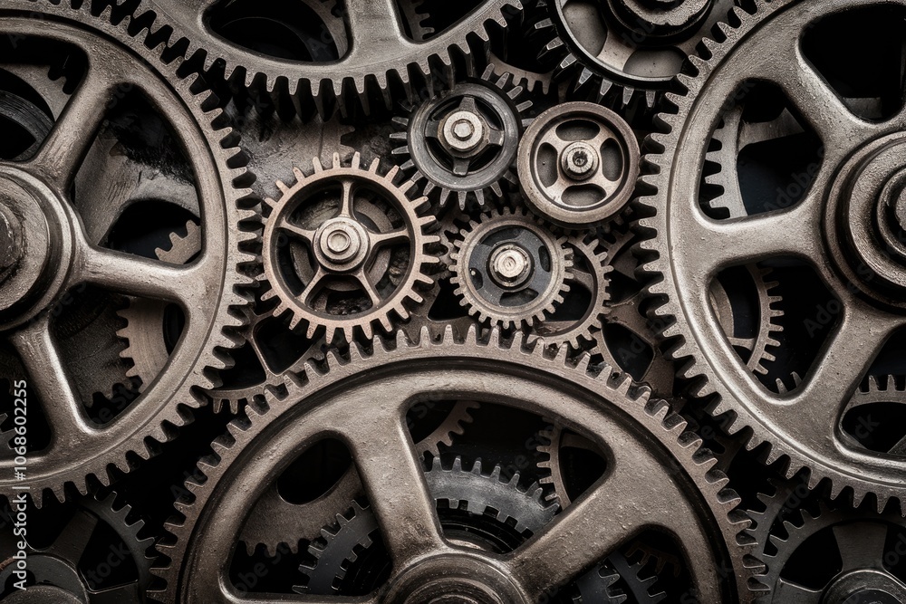 Poster close-up of interlocking metal gears representing teamwork and precision