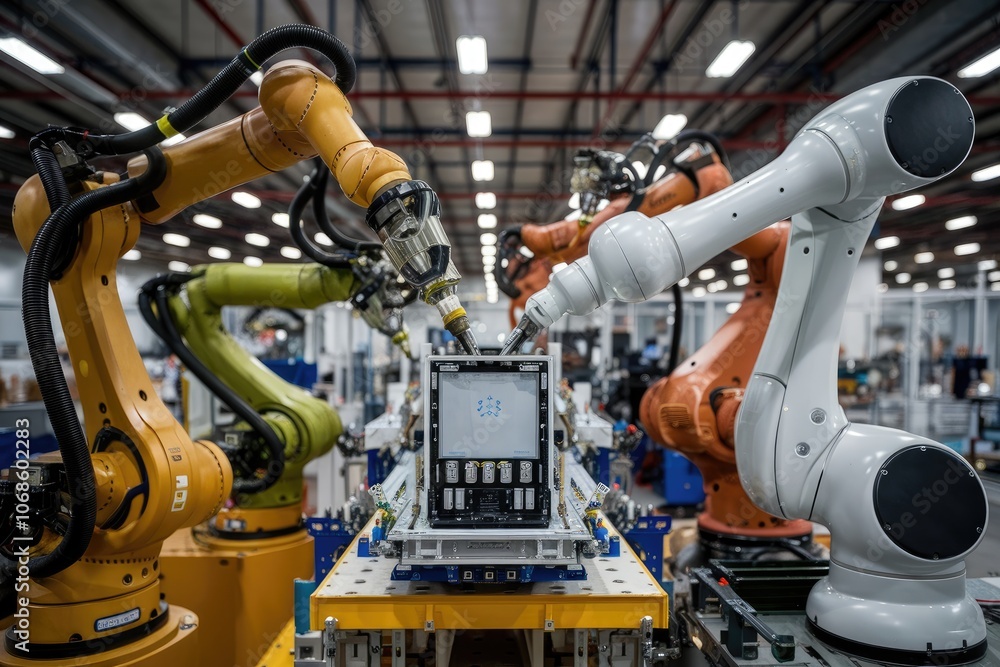 Aufkleber robotic arms working on assembly line in modern factory