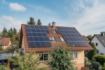 Fototapeta premium Photovoltaic solar panels producing clean energy on a residential house roof
