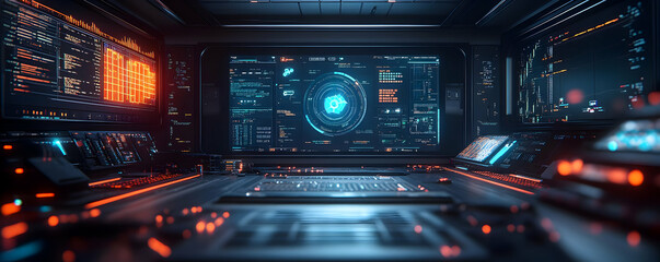 Obraz premium 3D Illustration Futuristic Control Room Data Analysis Monitoring