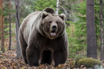 Fototapeta premium Brown bear roaring in the forest showing teeth and claws