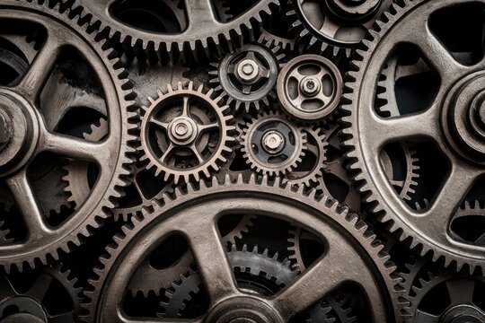 Close-up of interlocking metal gears representing teamwork and precision