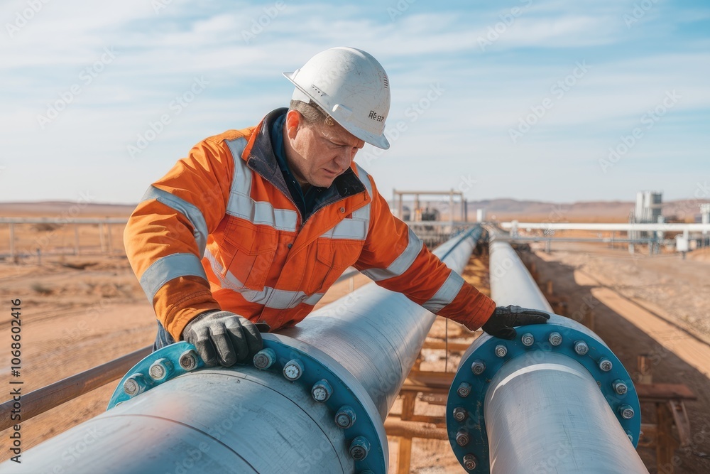 Poster engineer inspecting pipeline connection in desert environment