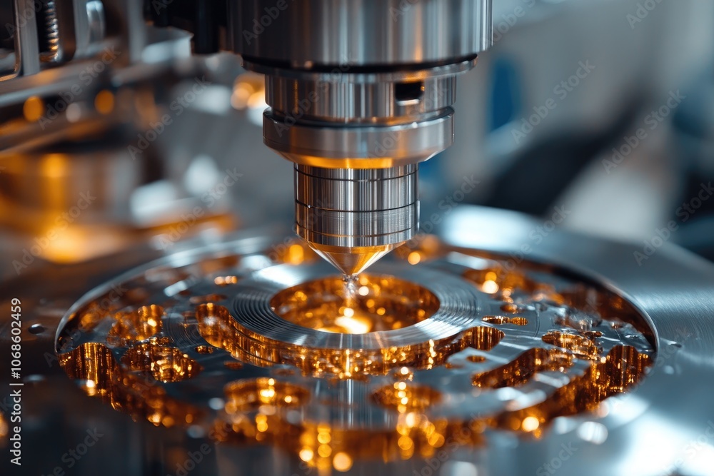 Poster Automated industrial machine is operating on a metal detail in a factory
