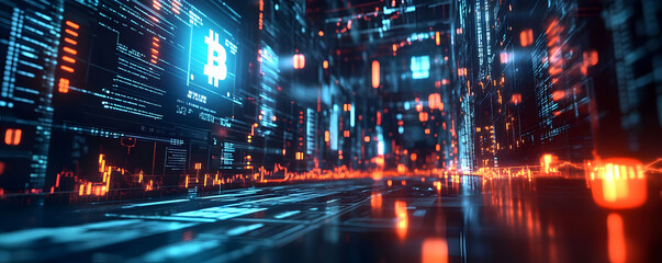 Obraz premium 3D Illustration Bitcoin Cryptocurrency Blockchain Technology Data Stream