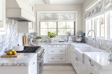Modern White Kitchen with Marble Countertops and Stainless Steel Appliances