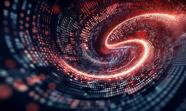 Dynamic Swirl of Digital Data with Vibrant Red and Blue Neon Light Patterns