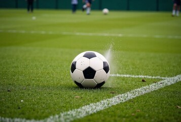 Fototapeta premium A soccer ball is resting on the very edge of a large soccer field