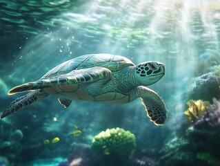 Sea turtle swimming gracefully in clear tropical ocean water.