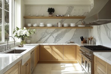 Modern Kitchen with White Marble Backsplash and Wood Cabinets