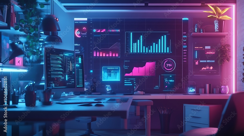 Aufkleber modern office workspace with neon lights and data visualizations on displays